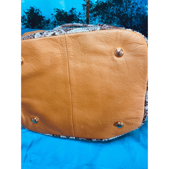 B Makowsky Tan Leather Bucket Bag Alligator Trim & Leopard Lining Ex Condition - Picture 12 of 16